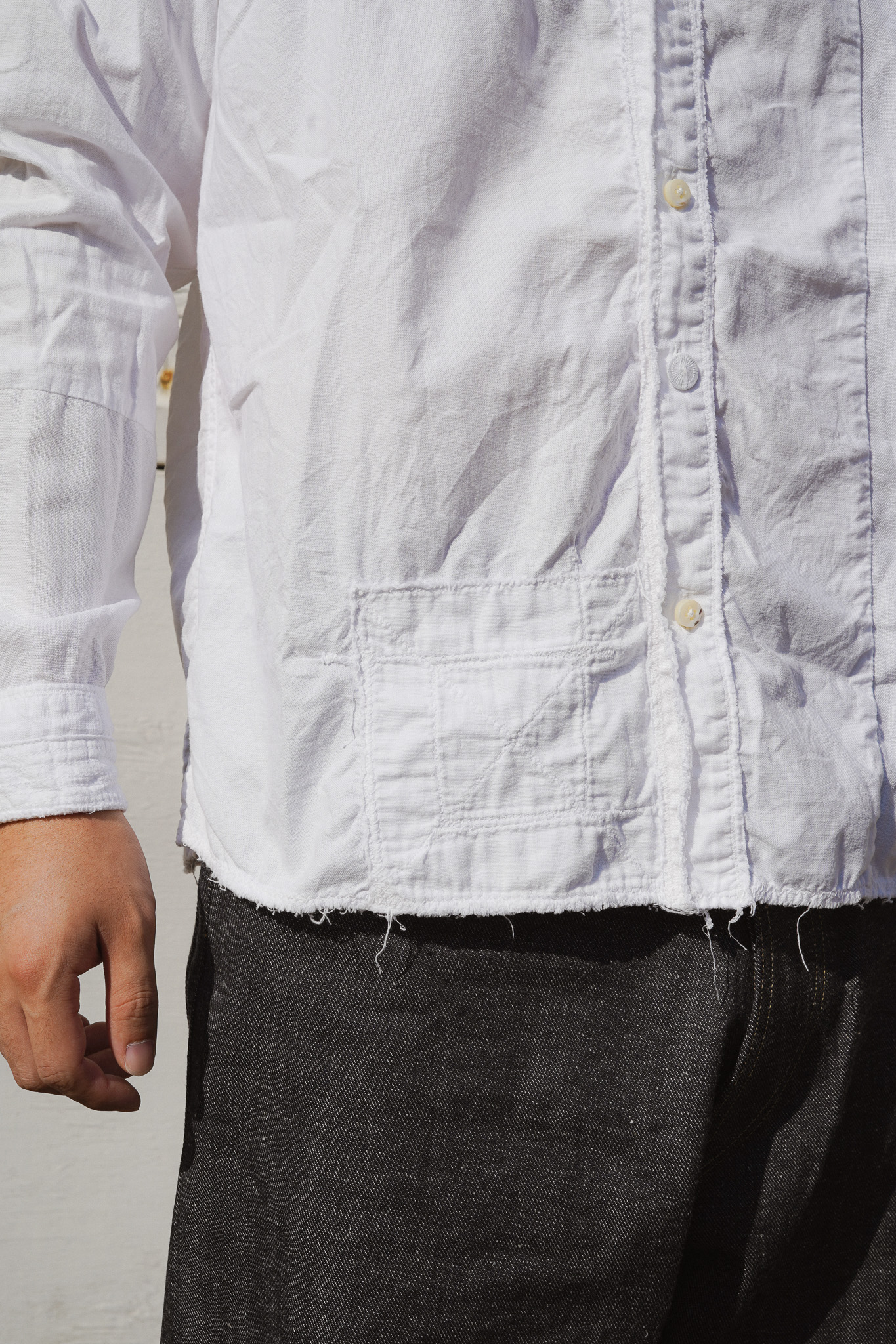 Kapital Kathmandu Patchwork Shirt --I wore this shirt for my graduation. Its mismatched buttons and interesting patchwork intrigued me so much so that I immediately sent links of it to a couple friends joking that it would make a super lit grad shirt. That turned out to not be a joke. --The funny thing about this shirt though, is that to this day I do not know if it is real or not. I purchased it from Grailed, but have since seen the shirt in a local shop that carries Kapital pieces. The in-store piece felt a lot different in terms of both fabric texture and key details, including the exact mismatched buttons used and the degree of distressing on the hems. After seeing the 'legit' piece in person I had a little crisis not knowing if I was scammed, but I am now over it. --This item was supposed to be part of season 1 but was unintentionally left out. Acquired April 28, 2025. 